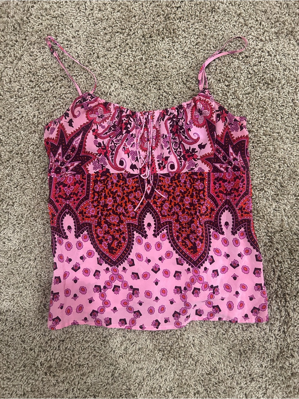 90s Pink Paisley Print Spaghetti Strap Tank Top- 100% silk